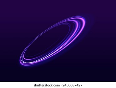 Purple, violet, blue and pink electric bright circular portal, laser, neon lamp bulb banner. Curve blue line light effect. Magic circle vector. Abstract lights at motion exposure time.	
