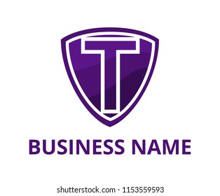 purple violet color simple triangle shield logo graphic design with modern clean style for protection or security company with initial type letter t on it