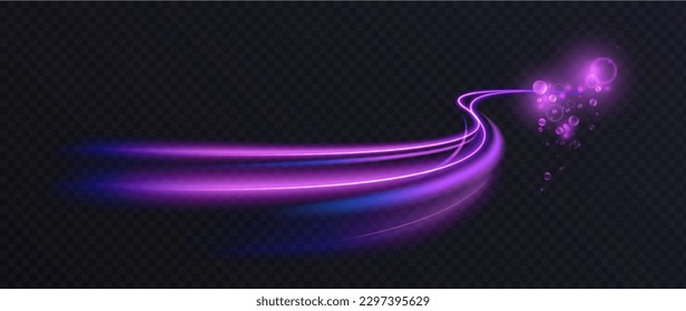 Purple violet comet with luminous line trail of wave shape and glowing light effect vector illustration. Abstract moving energy curves and neon magic bokeh circles, flash of sparkle and shimmer motion