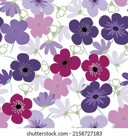 Purple violet daisy petal spring flower blossom vector seamless pattern, abstract flora illustration drawing on white background for fashion fabric textiles printing, wallpaper and paper wrapping 