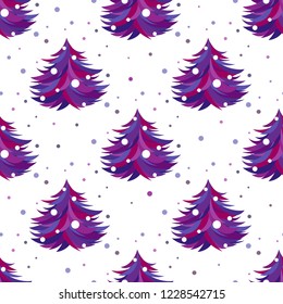 Purple and violet fir-trees with snow on white background. Forest blizzard. seamless winter pattern with spruce. Christmas vector ornament. holiday creative texture for printing on fabric or paper.  