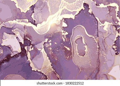 Purple, violet, and gold marble abstract background. Alcohol ink oriental technique. Vector art. Flow paint with glitter. Template for banner, poster, invitation.