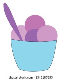 Purple and violet ice cream in a light blue cup with a purple spoon vector illustration on white background 