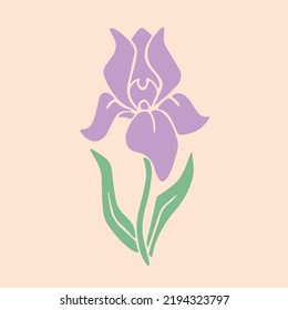 Purple Violet Iris With Green Leaves Minimalist Isolated Hand drawing Vector Art Silhouette Design