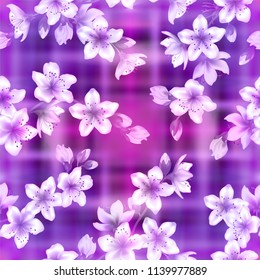 Purple violet japanese cherry blossom  sakura branches vector seamless pattern. Linen fabric, wallpaper vector background. Cherry flowers textile, spring tree blossom fabric, branches with flowers.