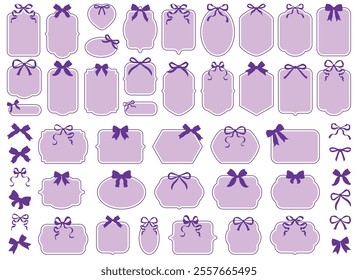 Purple, violet, lavender decorative frames and bows. Graphic antique frames, collection of retro labels, royal wedding, stickers for sale, invitation cards. Isolated vector symbols. Simple girly label