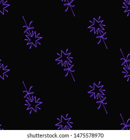 Purple violet line magic wand seamless pattern. Simple doodle hand drawn art. Vector linear design on black background.