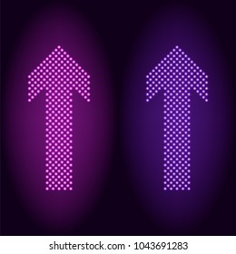 Purple and violet neon dot arrow. Vector illustration of long neon arrow consisting of many dots with backlight on the dark background