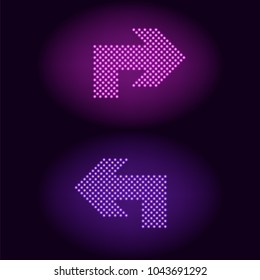 Purple and violet neon dot arrow. Vector illustration of turning neon arrow consisting of many dots with backlight on the dark background
