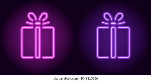 Purple and violet neon gift box. Vector silhouette of neon holiday gift consisting of outlines, with backlight on the dark background