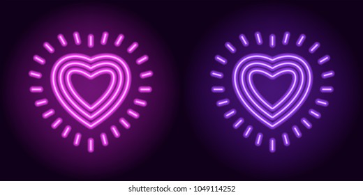 Purple and violet neon heart with rays. Vector silhouette of neon heart consisting of three outlines and surrounded by sparks, with backlight on the dark background