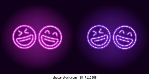 Purple and violet neon laughing emoji, fool day. Vector silhouette of neon pair emoji with smile consisting of outlines, with backlight on the dark background