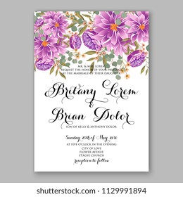 Purple violet peony dahlia Floral wedding invitation vector printable card template