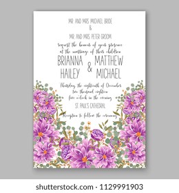Purple violet peony dahlia Floral wedding invitation vector printable card template