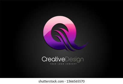 Purple Violet Q Letter Design Brush Paint Stroke. Letter Logo on Black Background