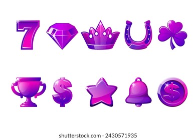 Purple or violet slot machine symbol collection. Casino icons