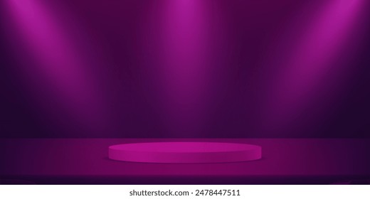 Fondo de estudio violeta púrpura. Habitación de estudio abstracto 3D con podio de pedestal. Espacio para vender productos en el Sitio web. Telón de fondo de negocios. Ilustración vectorial.
