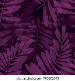 Purple violet tropical seamless pattern vector illustration for card, invitation, poster, header. Exotic dark forest leaves motif for surface design, fabric, wrapping paper. Endless background. 