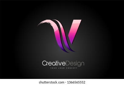 Purple Violet V Letter Design Brush Paint Stroke. Letter Logo on Black Background