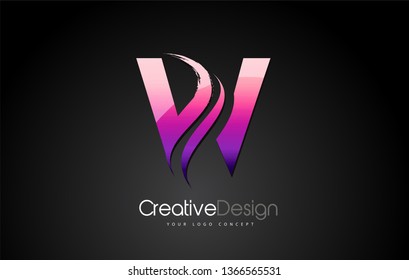 Purple Violet W Letter Design Brush Paint Stroke. Letter Logo with Black Background