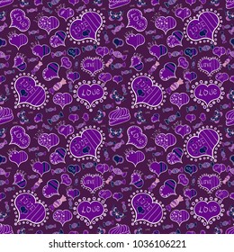 Purple, violet and white Vector illustration. Seamless pattern with Ethnic Hearts, in retro 80s style for fabric print, paper print and website backdrop. Valentines Day.