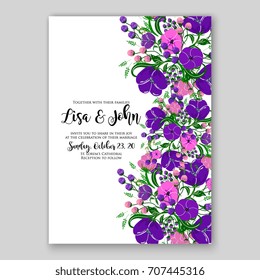 Purple and violet wreath of Peony, anemone, poppy wedding invitation card printable template