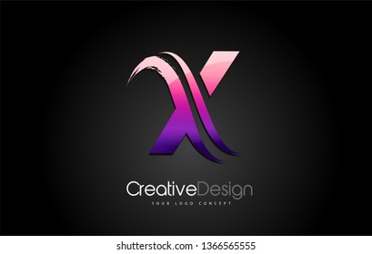 Purple Violet X Letter Design Brush Paint Stroke. Letter Logo with Black Background