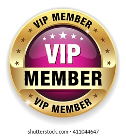 Purple VIP member badge, button with gold border on white background