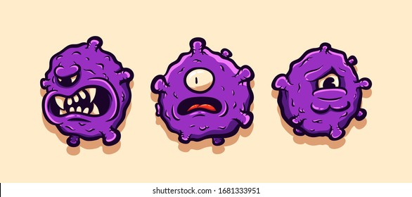 Purple Virus character with three different expressions