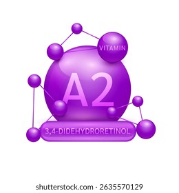 Purple vitamin A2 surrounded by molecule atoms on white background. Vitamins complex for design dietary supplement products. Medical science health care concept. 3D Vector EPS10.