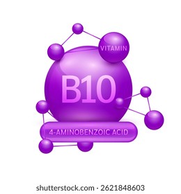 Purple vitamin B10 surrounded by molecule atoms on white background. Vitamins complex for design dietary supplement products. Medical science health care concept. 3D Vector EPS10.
