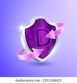 Purple vitamin D shield and clear glass arrows. Symbol protection boost immunity the body stay healthy. For advertising nutrition products food. Medical health concepts. Icons 3D vector illustration.