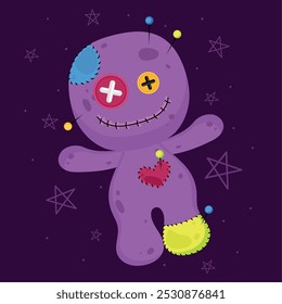 Purple voodoo doll with button eyes and stitched heart, Vector