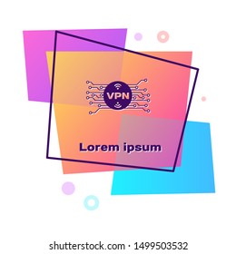 Purple VPN in circle with microchip circuit icon isolated on white background. Color rectangle button. Vector Illustration
