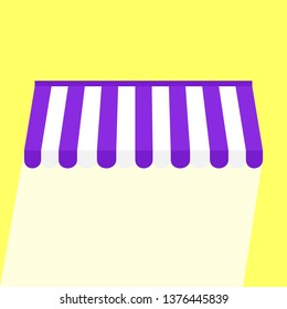 Purple wall awning parasol icon with long shadow. Flat illustration of canopy vector icon with yellow background.