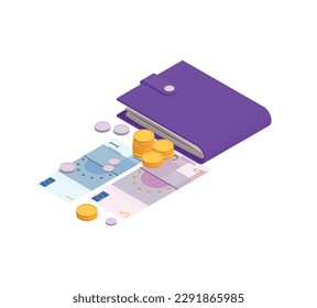 Purple wallet with banknotes and coins isometric icon 3d vector illustration