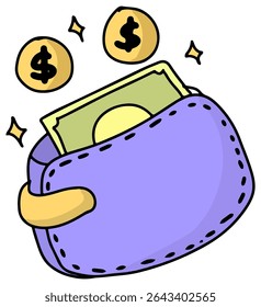 A purple wallet with a yellow clasp and black stitches contains money including a bill and coins adorned with dollar signs accompanied by shining diamond symbols