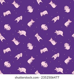 Purple wallpaper with stars and sleeping pigs in different poses. Vector seamless repeat pattern of cute piglets