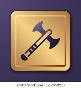 Purple War axe icon isolated on purple background. Battle axe, executioner axe. Medieval weapon. Gold square button. Vector
