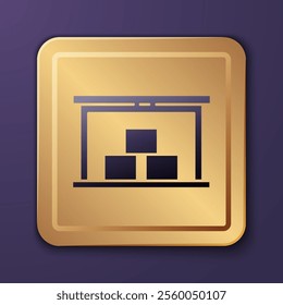 Purple Warehouse icon isolated on purple background. Gold square button. Vector Illustration
