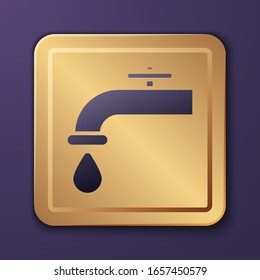 Purple Water tap with a falling water drop icon isolated on purple background. Gold square button. Vector Illustration