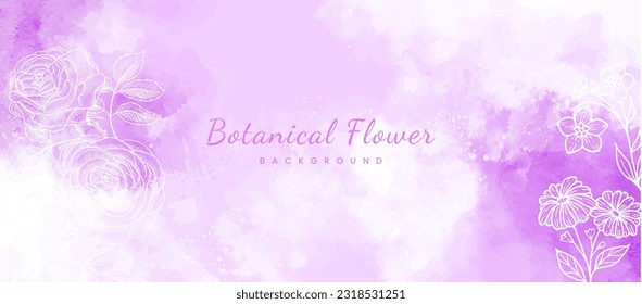 Purple watercolor background with flower, minimalist line flowers for wall decoration or wedding. Hand-drawn line herb, elegant leaves for invitation save the date card.