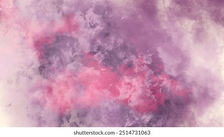 Purple watercolor background texture with white abstract painted clouds in sky. Abstract blue and pink watercolor background with space.	