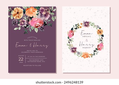 Invitación de boda floral de acuarela púrpura