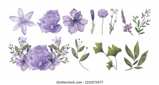 Purple Watercolor Flower Bouquet Arrangement