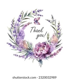 Purple watercolor flower wreath with butterflies. Postcard. Thank you. Vector illustration