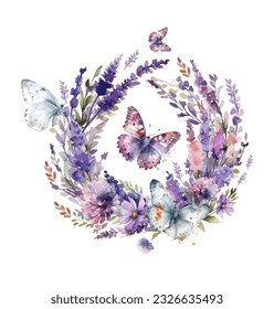 Flor de color morado con mariposas. Ilustración del vector