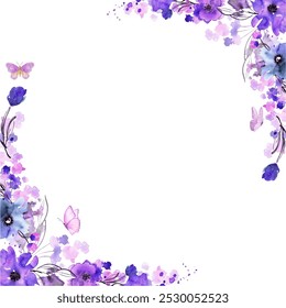 Fondo de marco de flores de acuarela púrpura para el diseño. Plantilla floral de la tarjeta del marco. Ilustración de diseño de Vector para Anuncio, tarjeta de boda. 