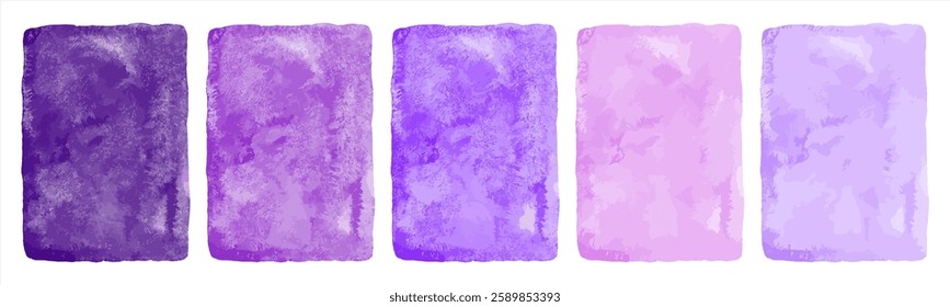 Purple watercolor hand drawn backgrounds vector set, collection. Lilac lavender plum indigo amethyst dark light violet. A4 watercolour texture with aquarelle stains. Painted rectangle templates bundle