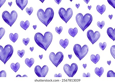 Purple watercolor hearts, seamless pattern, romantic design, playful background, artistic texture, love theme.